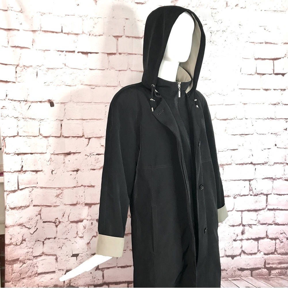 GALLERY Black & Taupe Trench Coat Raincoat detach Hood Size Medium 37” Length - Picture 2 of 16